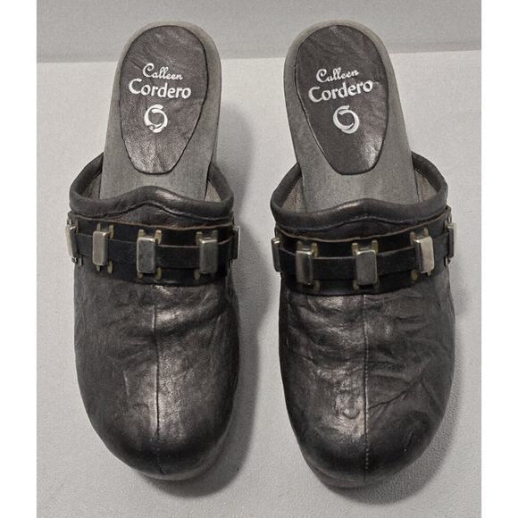 Calleen Cordero Distressed Leather Mule Clog Metallic Platform Wooden Heel SZ 8 - Picture 3 of 9